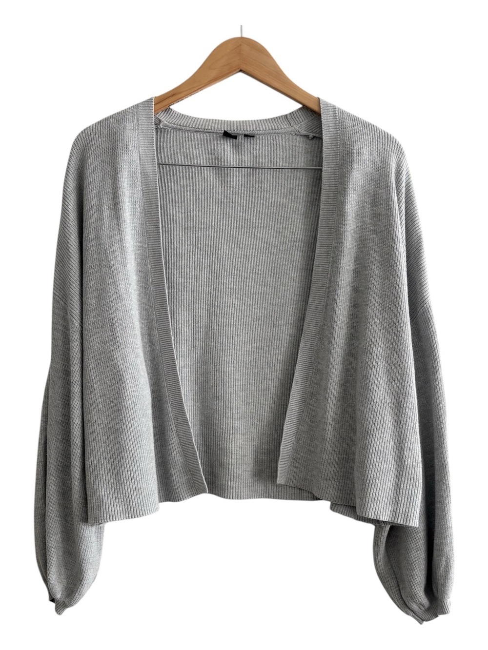 Simons Light Gray Open-Front Ribbed Cardigan with Balloon Sleeves